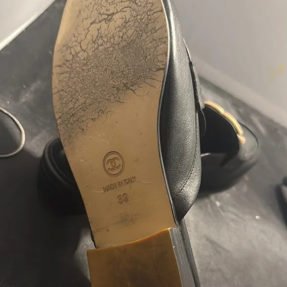 CHANEL Black Leather Mules with Gold Logo - Picture 4 of 13